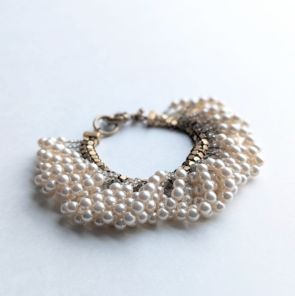 J. Crew Pearl, Chainmail, Seed Bead Bracelet Cream, Silver, Gold